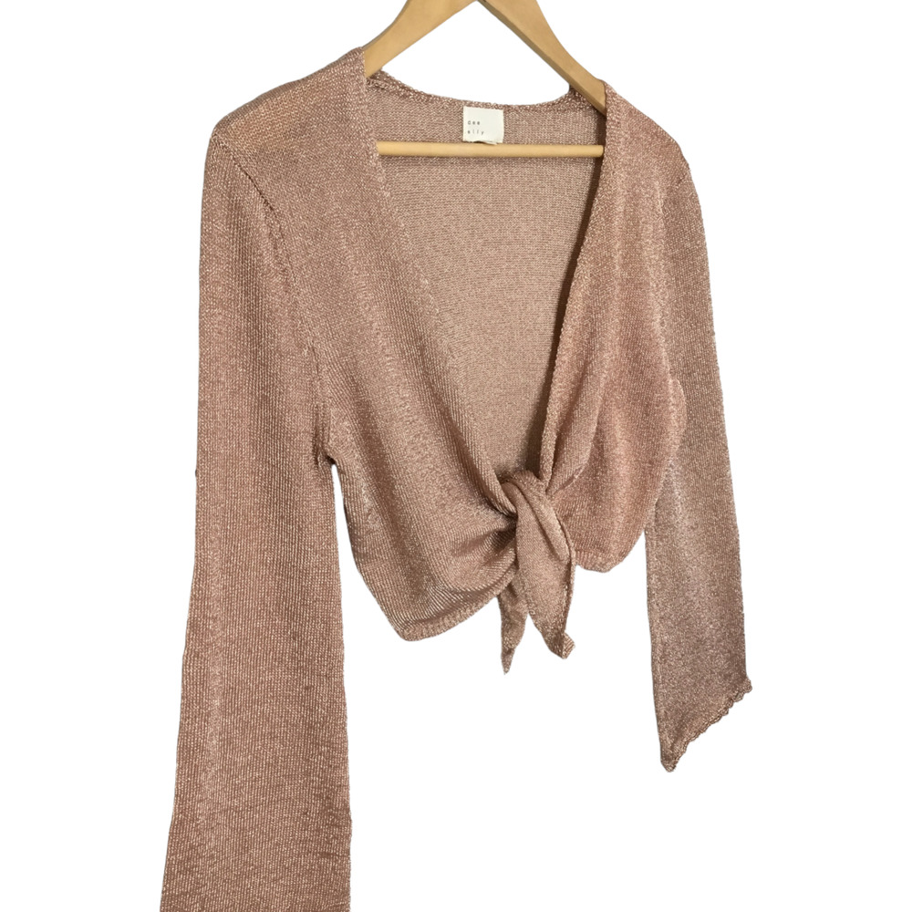 Dee Elly Metallic Shimmer Cropped Front Tie Bell Long Crochet Sleeve Rose Gold S - Picture 9 of 12